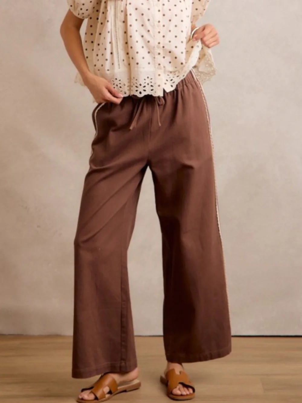 Wide Leg Cotton Lace Trim Elastic Waist Brown Pockets Boho Relaxed Fit Pants